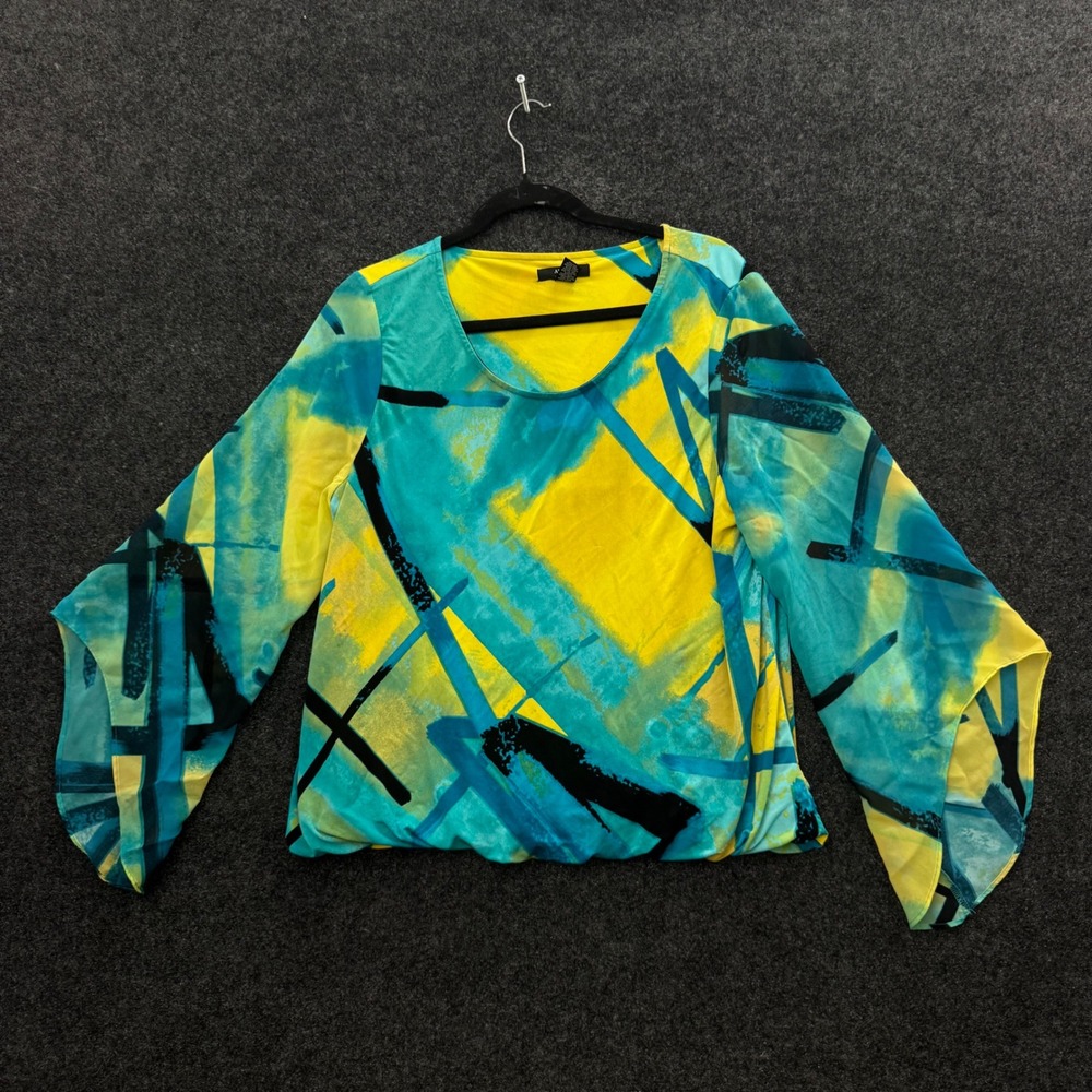 Alfani Petite Abstract Geometric Blouse Turquoise Yellow Split Bell Sleeve P/L